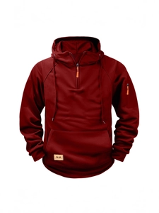Men's dark red half-zip hoodie with tactical pockets and orange zipper accents
