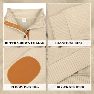 Detailansicht von Jacquard-Polyestergewebe mit Knopfkragen und Ellbogen-Patches
