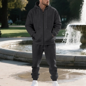 Men's heavyweight dark grey fleece hoodie and jogger sports set in charcoal grey knit