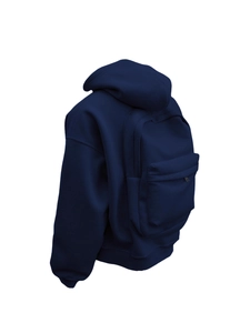 Navy blue hoodie with built-in backpack pocket design on back, 45-degree rear view