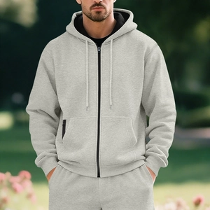 Men's Casual Sport Hoodie Set Fleece Lined Full Zip Up Hooded Sweatshirt And Sweatpants Solid Color Polyester Tracksuit For Autumn Winter