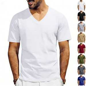 Detailed catalog showing eight color options for men's V-neck stretch short sleeve T-shirts