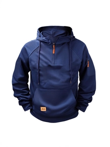 Men's navy half-zip hoodie with orange zipper accents and sleeve pocket detail