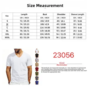Detailed size chart for men's V-neck T-shirt with measurements from S to 3XL