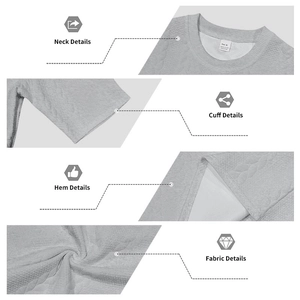Detailed views of grey jacquard knit fabric showing neck, cuff, hem and textured material