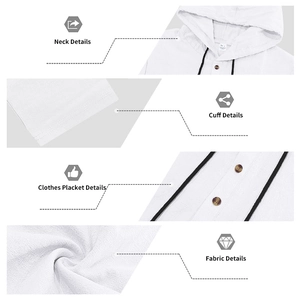 Detailed views of the drawstring hood, button placket and fabric texture on linen set