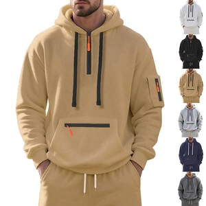 Men's heavy fleece hooded tracksuit set with half-zip sweatshirt and khaki joggers