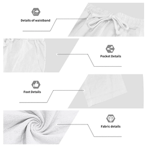 Detalle de pantalones de lino blanco para hombre con cintura elástica y cordón ajustable