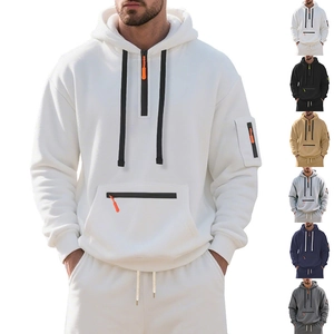 Men's Heavyweight Fleece Hoodie Half Zip Pullover Winter Warm Solid Color Sweatshirt with Multi Pockets Outdoor Athletic Jacket