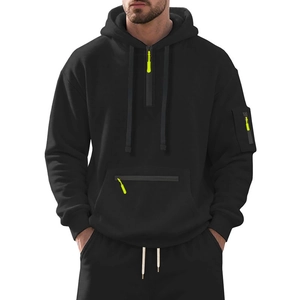 Men's heavyweight black hoodie with half-zip and neon yellow accents for sports