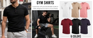 Men's ribbed henley gym shirt with three-button placket in six versatile colors