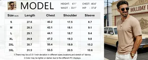 Size chart for men's ribbed short sleeve Henley shirt with detailed measurements and model info