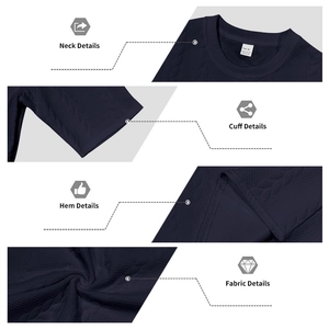 Detailed views of navy blue knit shirt showing neck, cuffs, hem and jacquard fabric texture