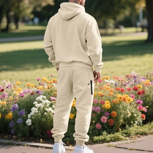 Men's heavy fleece tracksuit set with hoodie and joggers in a beige casual outdoor style