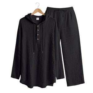 Detail of black cotton linen henley hoodie set with wooden buttons and drawstring