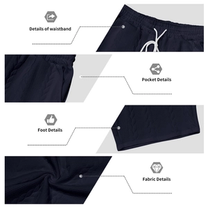 Detailed views of navy men's knit shorts featuring elastic waistband and 3D textured fabric