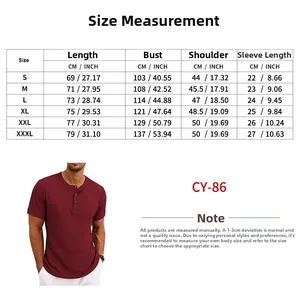 Size chart showing measurements for the men's ribbed stretch short sleeve Henley shirt