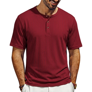 Detailed macro view of deep red ribbed fabric and three-button henley collar on men's shirt