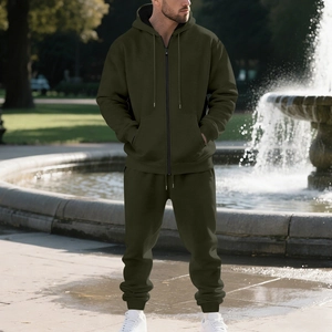 Men's heavy fleece zip-up hoodie and pants tracksuit set in dark olive green
