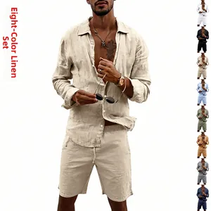 Detailed view of breathable linen fabric texture and drawstring on men's beach shorts set