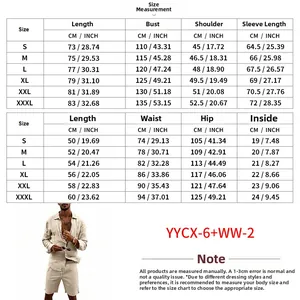Men's summer linen set size guide with shirt and shorts measurements in cm and inches
