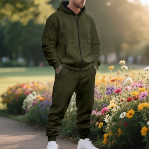 Men's heavy fleece-lined hoodie and pant set in deep olive green for outdoor sports