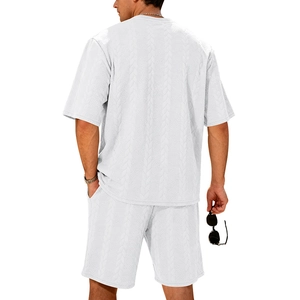 Rear view of men's white knit texture short sleeve shirt and shorts set for summer