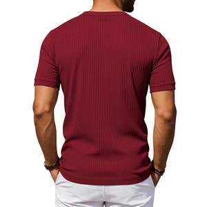 Detailed back view of men's burgundy ribbed short sleeve shirt with vertical texture