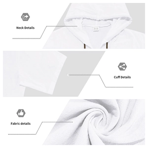 Dettaglio camicia in lino bianco con cappuccio, lacci e texture del tessuto traspirante