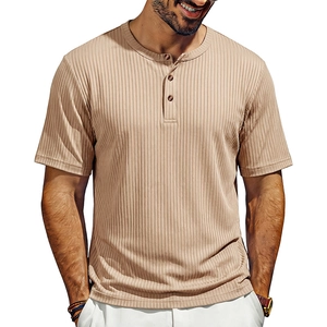 Detail of three-button henley collar and vertical ribbed texture on khaki slim fit shirt