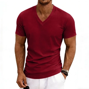 Close-up of slim fit V-neck men's T-shirt in burgundy with breathable fabric detail