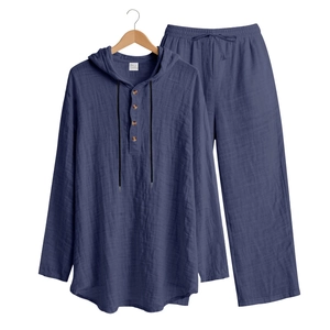 Detail of navy blue linen loungewear set showing textured fabric and hooded henley top