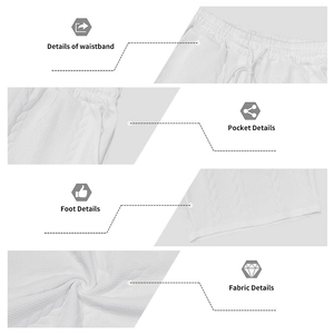 Detail view of white textured shorts featuring elastic drawstring waist and side pockets