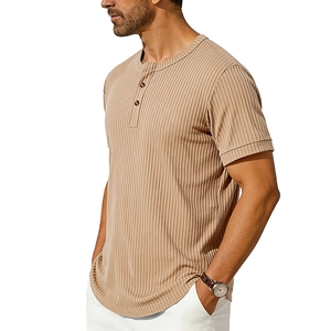 Close-up of khaki ribbed Henley shirt featuring buttoned neckline and textured fabric