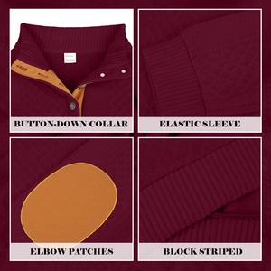 Detailansicht von burgunderfarbenem Henley-Shirt mit senfgelben Ellenbogen-Patches