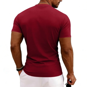Detail view of the back of a slim fit burgundy men's V-neck stretch t-shirt