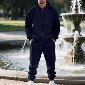 Navy blue men's heavy fleece tracksuit featuring a zip-up hoodie and matching joggers