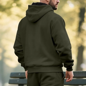Rear view of a heavy dark green fleece-lined hooded sweatshirt and matching joggers