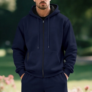 Men's navy blue fleece hoodie with zip closure and metallic pocket detail