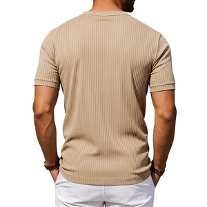 Detail of khaki ribbed texture and stitching on men's slim fit casual Henley shirt