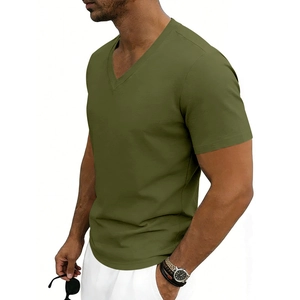 Detail of army green slim fit V-neck T-shirt for men made of breathable elastic fabric