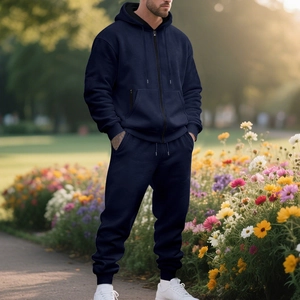 Men's navy blue fleece hooded zip-up tracksuit in a soft knit fabric for casual outdoor wear