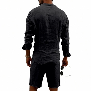 Rear view of black linen long-sleeve shirt and matching shorts casual beach set