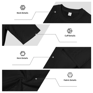 Detailed views of black crewneck knitwear showing jacquard texture, cuffs and hem
