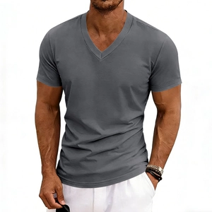 Close-up of men's slim fit V-neck t-shirt in breathable grey stretch fabric