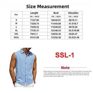 Detailed size chart for men's sleeveless linen beach shirt showing S to 3XL measurements