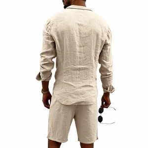Rear view of a men's beige linen set featuring a long-sleeve shirt and drawstring shorts