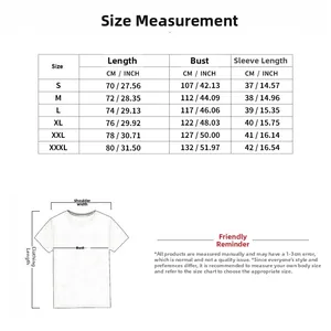 Detailed size chart for men's short sleeve T-shirt with measurements in inches and cm