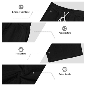 Detail view of men's black knit shorts showing drawstring waist and textured waffle fabric