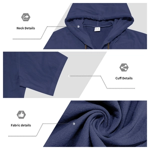 Detailed close-up of navy linen hooded shirt collar and waffle texture cotton fabric